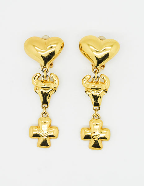 Christian Lacroix Vintage Heart Bull Cross Earrings