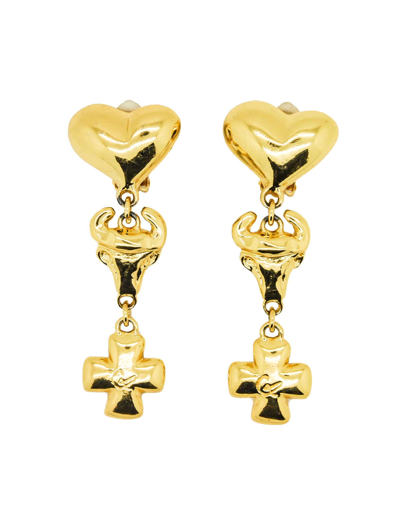 Christian Lacroix Vintage Heart Bull Cross Earrings