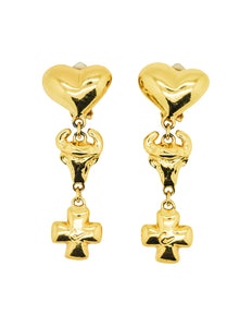 Christian Lacroix Vintage Heart Bull Cross Earrings