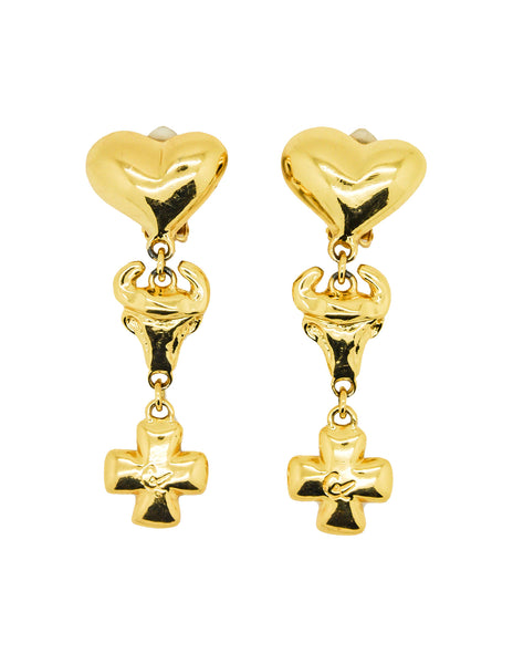 Christian Lacroix Vintage Heart Bull Cross Earrings