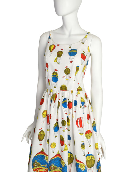 Claire Evans Vintage 1950s White Hot Air Balloon Novelty Print Sun Dress