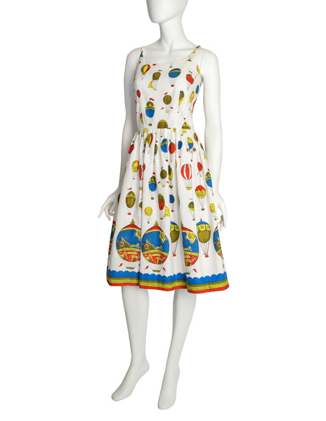 Claire Evans Vintage 1950s White Hot Air Balloon Novelty Print Sun Dress