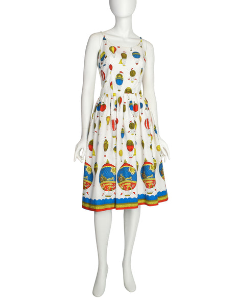 Claire Evans Vintage 1950s White Hot Air Balloon Novelty Print Sun Dress