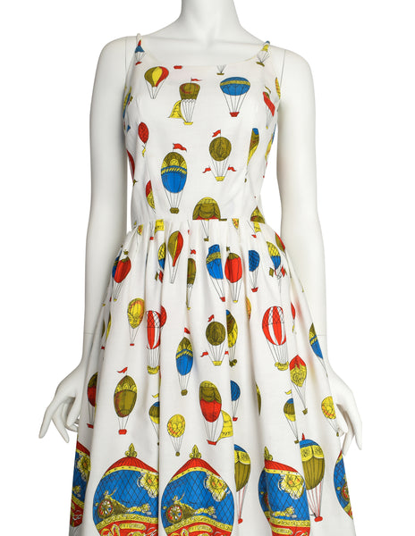 Claire Evans Vintage 1950s White Hot Air Balloon Novelty Print Sun Dress