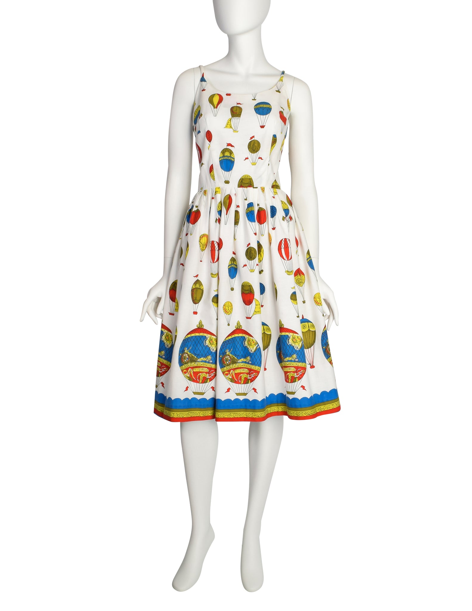Claire Evans Vintage 1950s White Hot Air Balloon Novelty Print Sun Dress