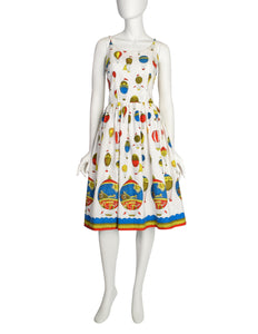 Claire Evans Vintage 1950s White Hot Air Balloon Novelty Print Sun Dress