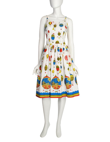 Claire Evans Vintage 1950s White Hot Air Balloon Novelty Print Sun Dress