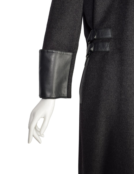 Claude Montana Vintage Dark Grey Wool Leather Buckle Coat