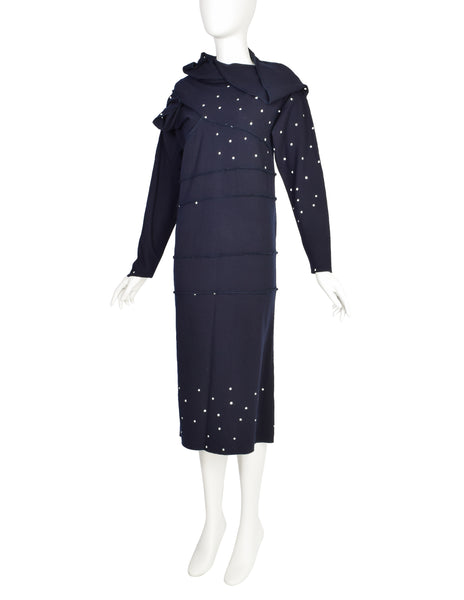 Comme des Garcons Tricot Vintage Navy Blue White Dot Conceptual Knit Wool Dress