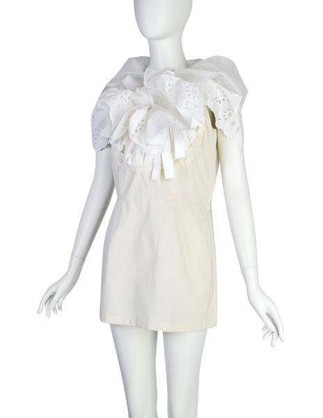 Comme des Garcons Vintage SS 2002 White Dramatic Sheer Eyelet Ruffle Head Wrap Tunic Top