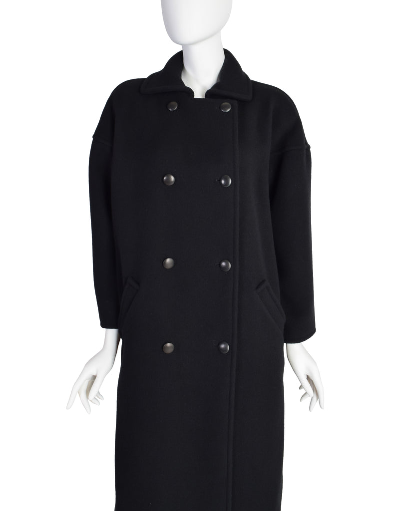 Courreges Vintage 1980s Black Wool Leather Double Breasted Coat ...