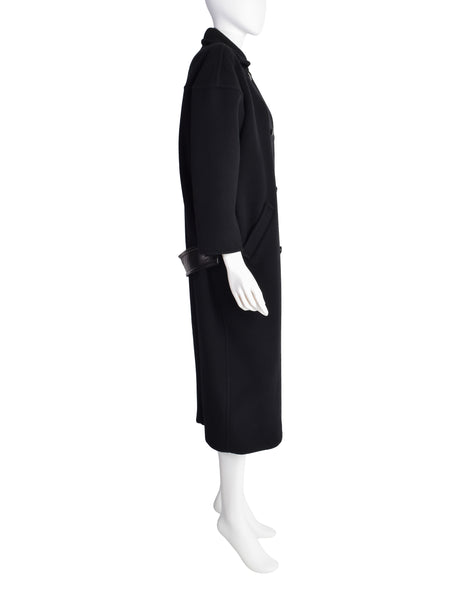 Courreges Vintage 1980s Black Wool Leather Double Breasted Coat ...