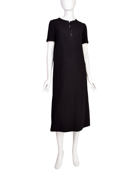Courreges Vintage 1980s Black Herringbone Wool Dress