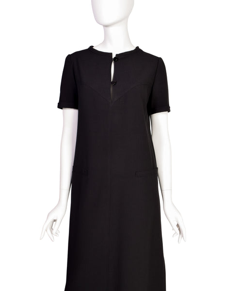 Courreges Vintage 1980s Black Herringbone Wool Dress