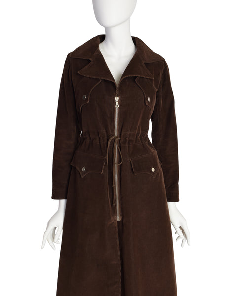 Courreges Vintage 1970s Chocolate Brown Corduroy Zip Front Coat