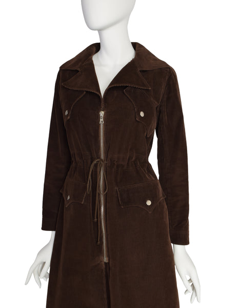 Courreges Vintage 1970s Chocolate Brown Corduroy Zip Front Coat