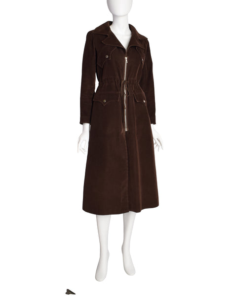 Courreges Vintage 1970s Chocolate Brown Corduroy Zip Front Coat