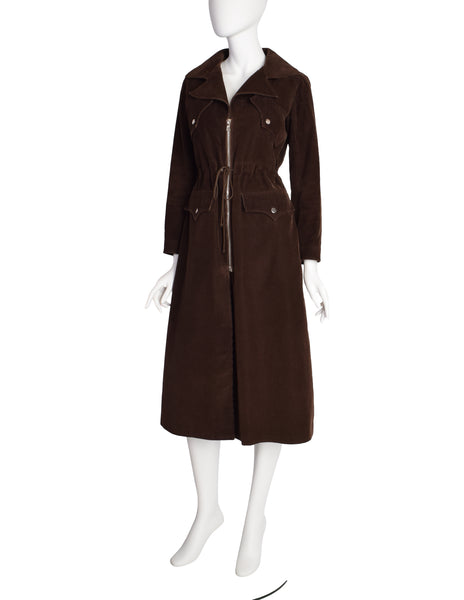 Courreges Vintage 1970s Chocolate Brown Corduroy Zip Front Coat
