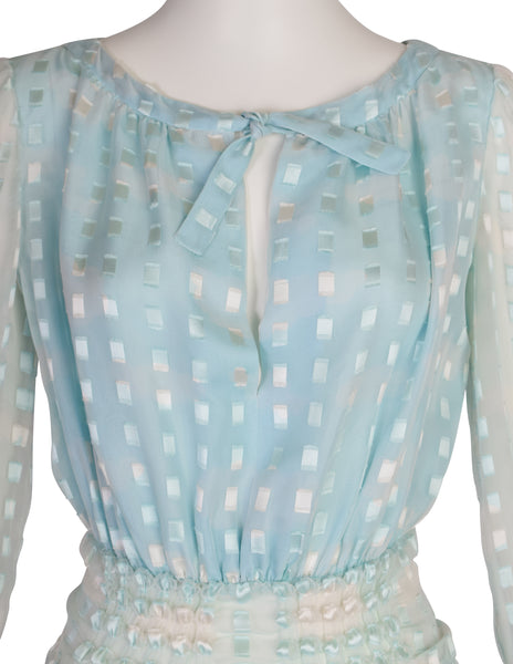 Courreges Vintage 1970s Baby Blue Cloud Print Silk Chiffon Dress and Scarf Ensemble