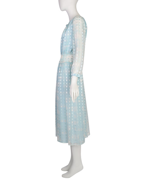 Courreges Vintage 1970s Baby Blue Cloud Print Silk Chiffon Dress and Scarf Ensemble