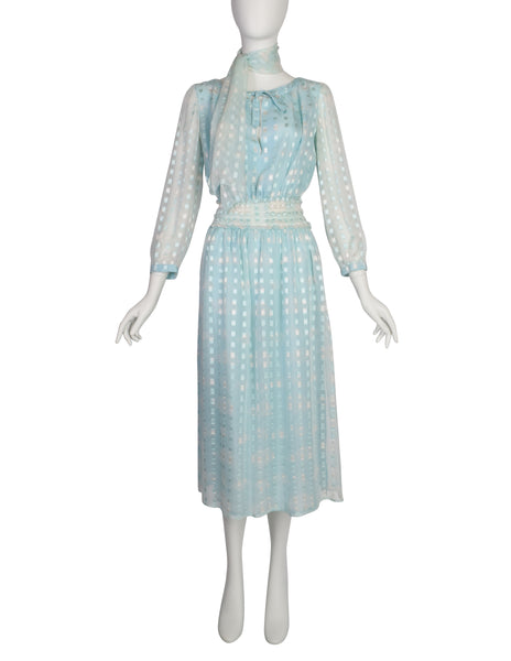 Courreges Vintage 1970s Baby Blue Cloud Print Silk Chiffon Dress and Scarf Ensemble