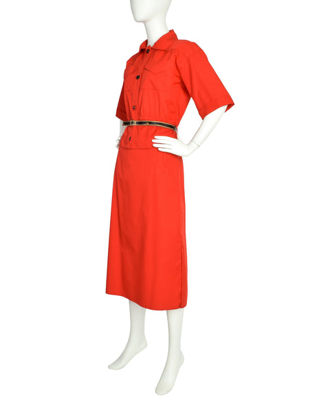 Courreges Vintage Bright Red Uniform Style Top and Skirt Set