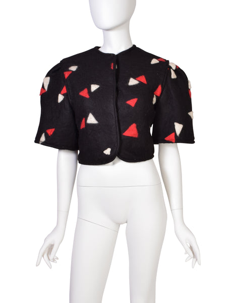 Cynthia Boyer Vintage Black Red White Triangle Print Boiled Wool Cropped Puff Sleeve Jacket