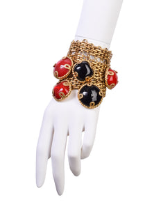 Dominique Aurientis Vintage Black Red Gripoix Charm Brassy Gold Wide Chain Bracelet