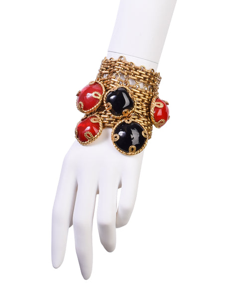 Dominique Aurientis Vintage Black Red Gripoix Charm Brassy Gold Wide Chain Bracelet