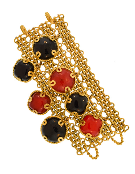 Dominique Aurientis Vintage Black Red Gripoix Charm Brassy Gold Wide Chain Bracelet
