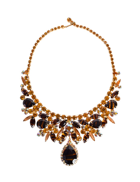 Juliana D & E Vintage 1960s Mixed Topaz Striped Aurora Borealis Rhinestone Necklace Bracelet Earrings Parure Set