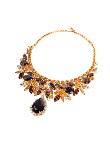 Juliana D & E Vintage 1960s Mixed Topaz Striped Aurora Borealis Rhinestone Necklace Bracelet Earrings Parure Set
