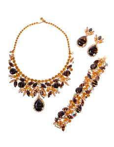 Juliana D & E Vintage 1960s Mixed Topaz Striped Aurora Borealis Rhinestone Necklace Bracelet Earrings Parure Set