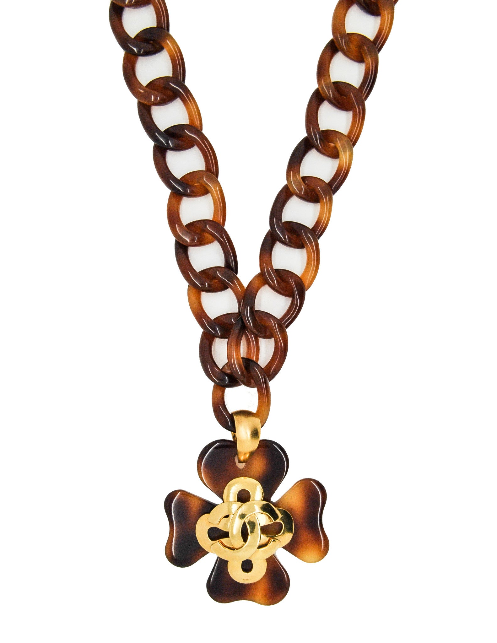 Chanel Vintage Tortoise Clover Chain Link Necklace