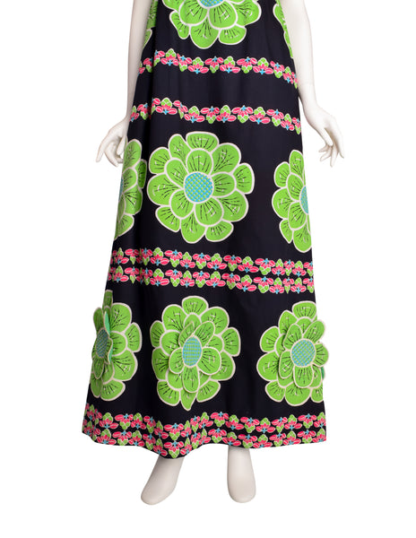 Design Thai Vintage Vivid Bright Green 3D Flower Black Cotton Maxi Dress