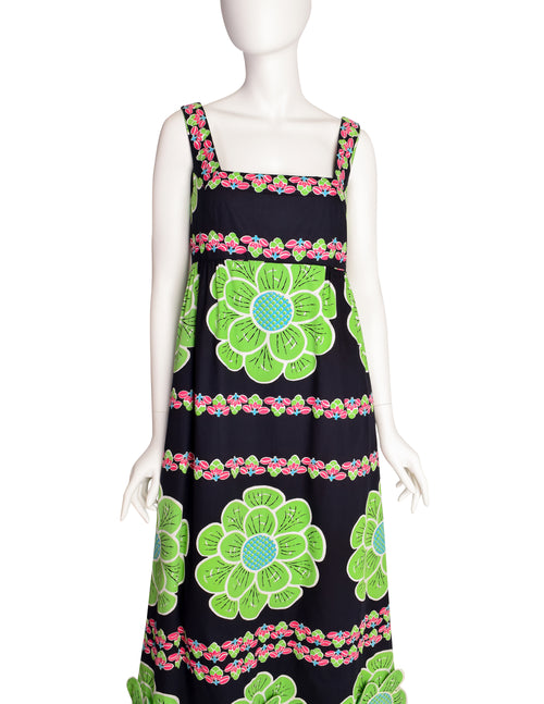 green black and white maxi dress Design Thai Vintage Vivid Bright Green 3D Flower Black Cotton Maxi Dress