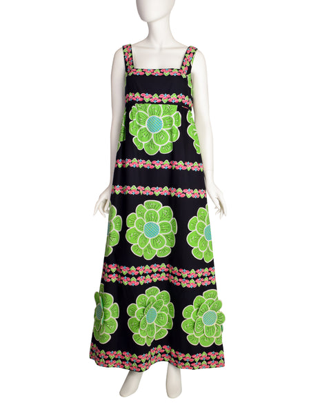 Design Thai Vintage Vivid Bright Green 3D Flower Black Cotton Maxi Dress