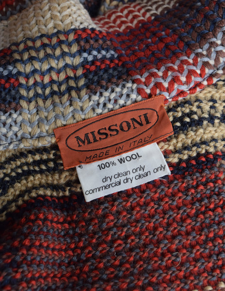 Missoni Vintage 1980s Brown Beige Red Blue Plaid Knit Wool Duster Sweater Coat