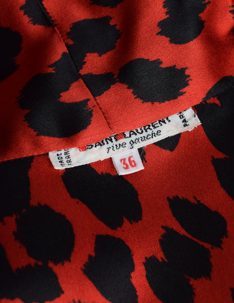 Yves Saint Laurent Vintage AW 1983 Red Black Leopard Print Silk Charmeuse Lavalliere Blouse