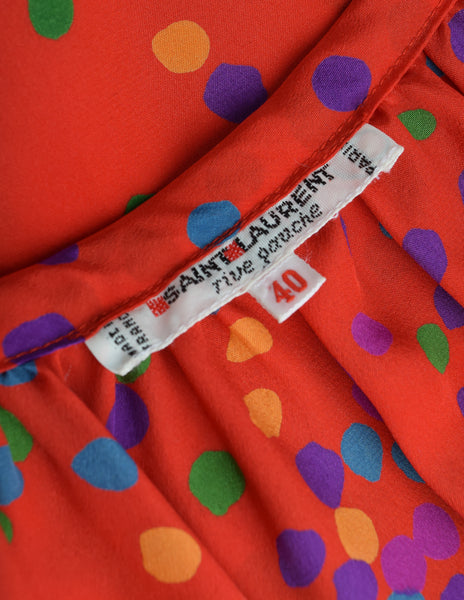 Yves Saint Laurent Vintage SS 1984 Red Multicolor Confetti Dot Print Silk Bishop Sleeve Shirt
