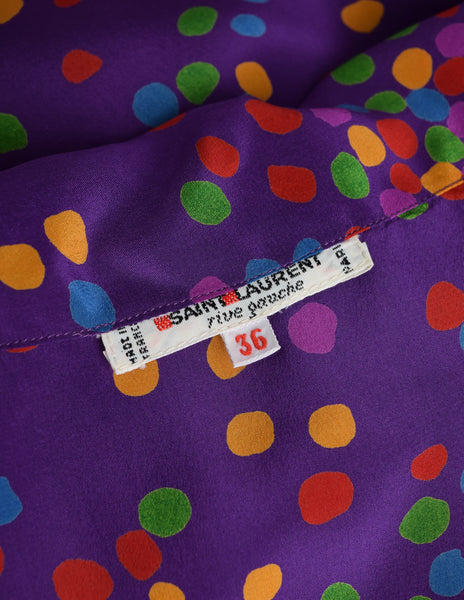 Yves Saint Laurent Vintage SS 1984 Purple Multicolor Confetti Dot Print Silk Lavalliere Shirt