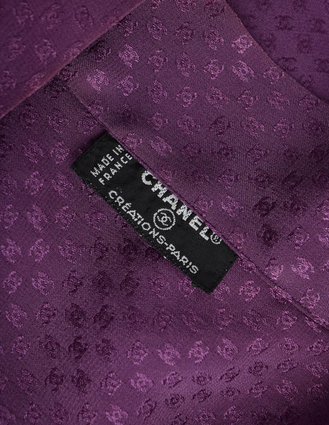 Chanel Vintage Purple CC Logo Monogram Jacquard Silk Lavalliere Blouse