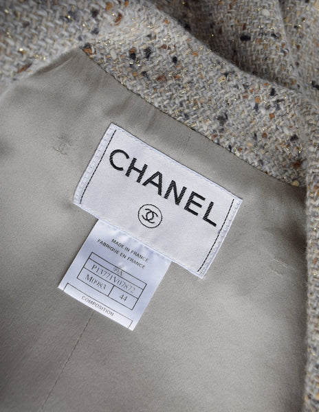 Chanel Vintage AW 1999 Greige Lurex Fleck Wool Metal Toggle Longline Blazer Jacket