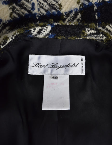 Karl Lagerfeld Vintage AW 1989 Black Cream Blue Green Plaid Boucle Wool Blazer Jacket
