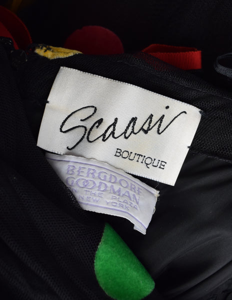 Scaasi Vintage 1980s Black Multicolor Polka Dot Mesh Tulle Ruched Trumpet Party Dress