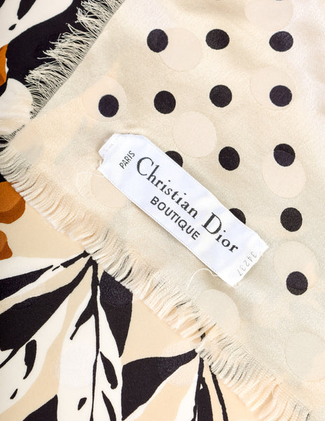 Christian Dior Vintage Hydrangea Floral Polka Dot Jacquard Massive Silk Scarf Shawl