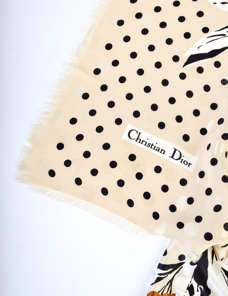 Christian Dior Vintage Hydrangea Floral Polka Dot Jacquard Massive Silk Scarf Shawl