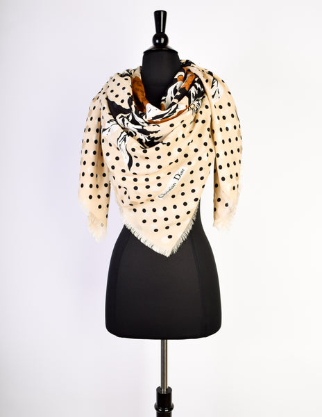 Christian Dior Vintage Hydrangea Floral Polka Dot Jacquard Massive Silk Scarf Shawl
