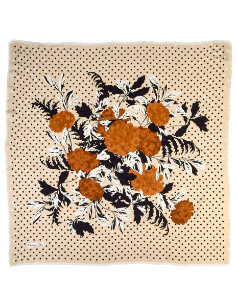 Christian Dior Vintage Hydrangea Floral Polka Dot Jacquard Massive Silk Scarf Shawl