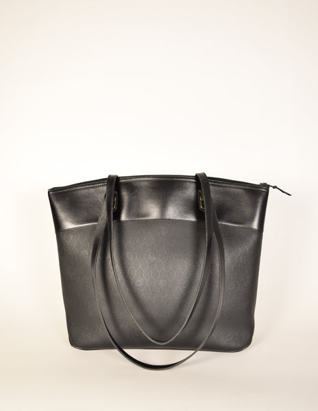 Christian Dior Vintage Black Honeycomb Canvas and Leather Large Shoulder Tote Bag